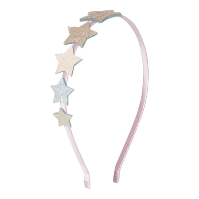 Pink sateen wrapped alice band with glittery stars on one side 