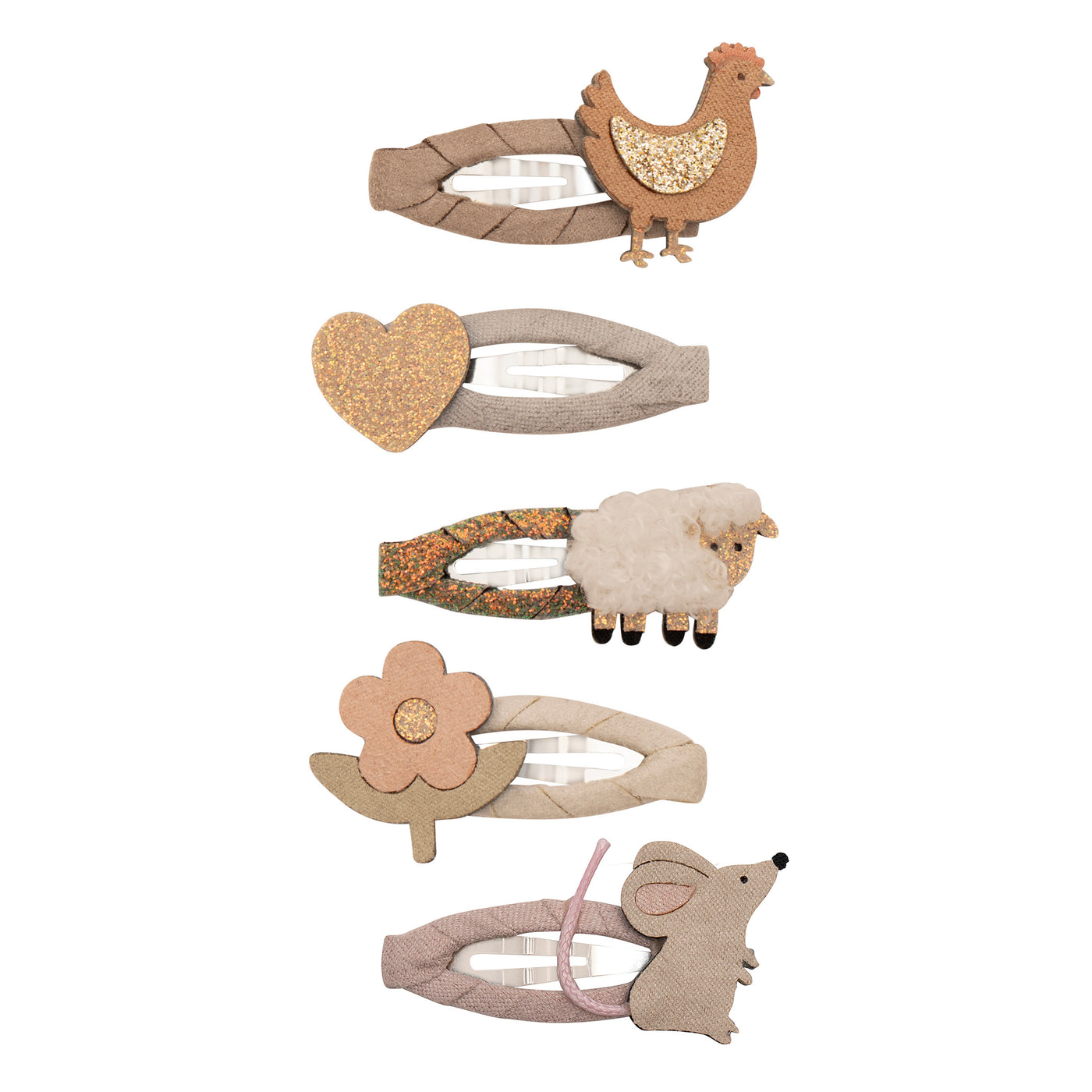 Farm animal mini clic clacks wrapped in soft pink, beige and glitter fabrics featuring chicken clips- fluffy sheep clips- pretty pink flower clips- sweet little mouse clips and sparkling gold love heart clips 