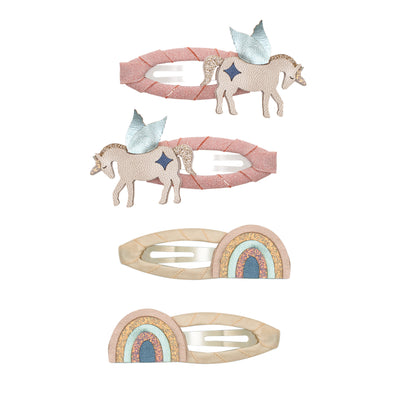 winged metallic unicorn and rainbow clip set- wrapped in glittery ribbon and sateen ribbon with glittery rainbows