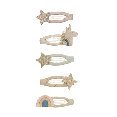 ribbon wrapped pastel clic clac clips adorned with unicorns, rainbows and stars crafted from a mix of soft velvet, glitter and metallic fabrics