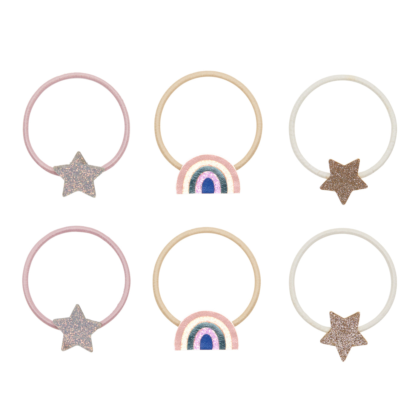 Rainbow star ponies- Silver glittery star- Leatherette and glitter shimmering rainbow- glittery rose gold star