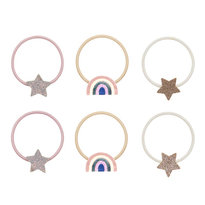 Rainbow star ponies- Silver glittery star- Leatherette and glitter shimmering rainbow- glittery rose gold star