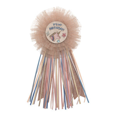 Magical unicorn birthday badge with glitter-speckled pink tulle- unicorn and star applique's- ribbon tassels in pastel colours - glittery rose coloured ribbon