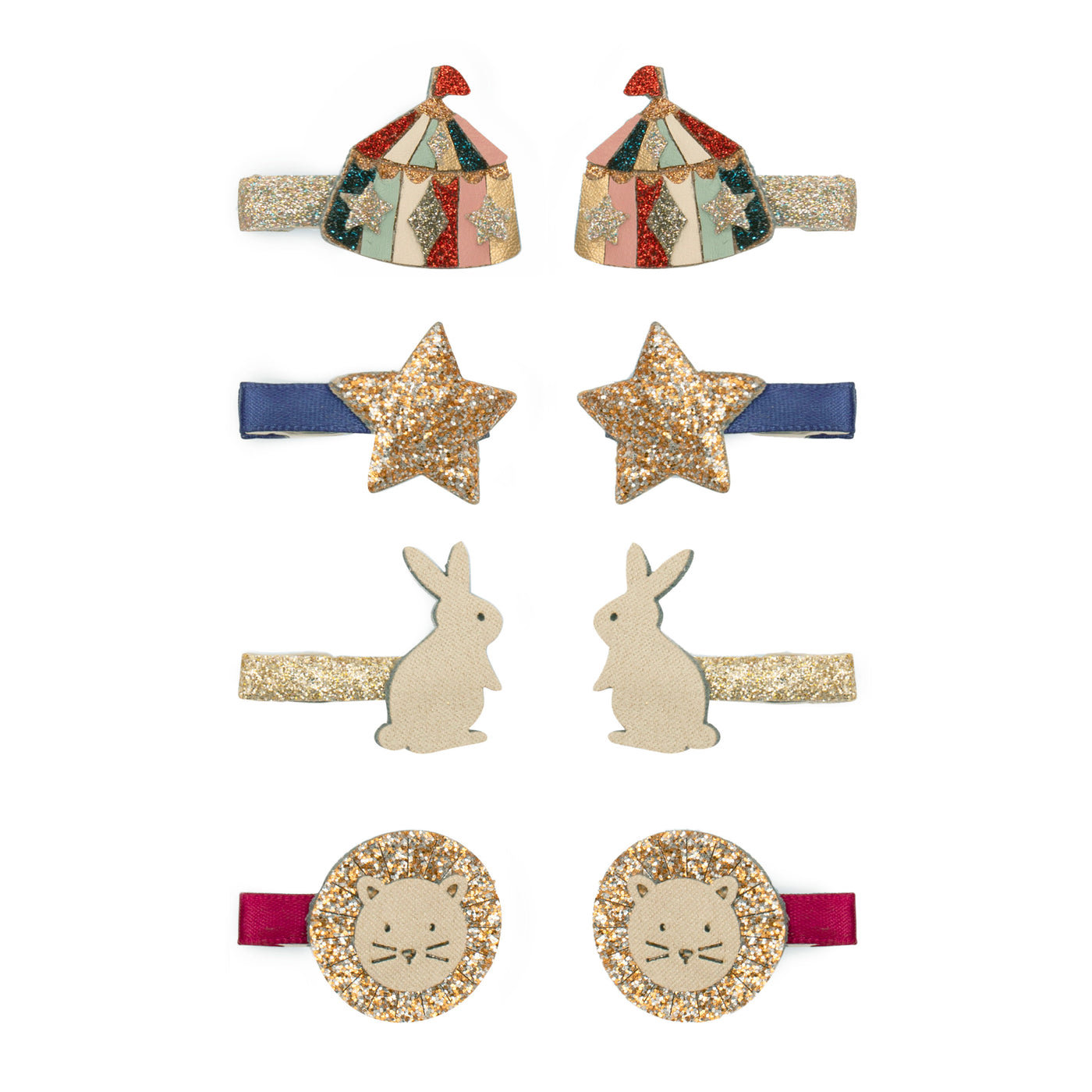 Circus mini clips- Multi coloured circus tent with glittery gold clips- blue clips with gold star- Bright gold clips with little bunny - red clips with sparkling gold lion