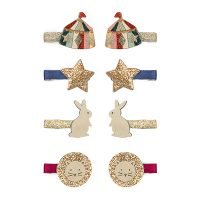 Circus mini clips- Multi coloured circus tent with glittery gold clips- blue clips with gold star- Bright gold clips with little bunny - red clips with sparkling gold lion
