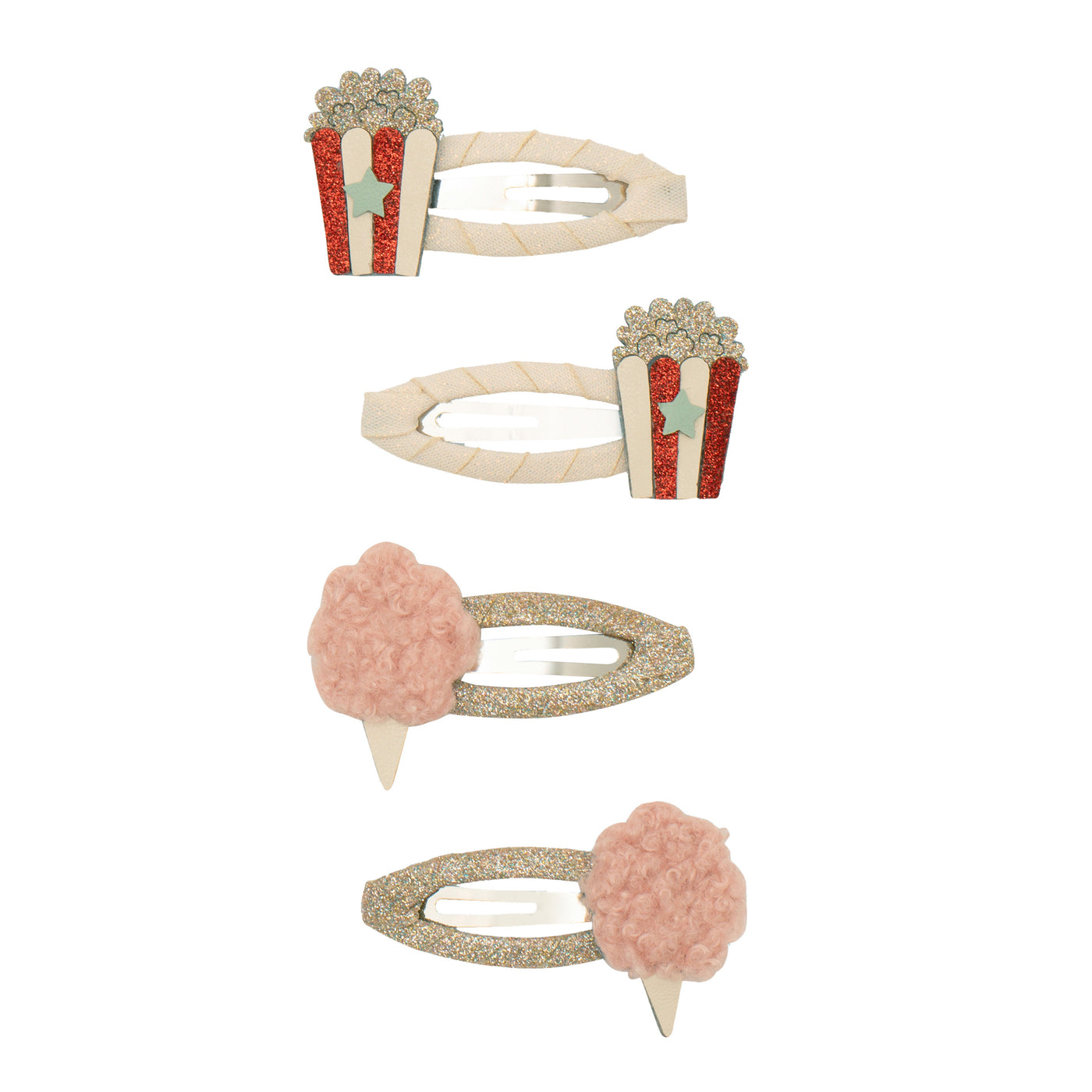 Candy floss clip set- cream clip with glittery popcorn- glittery clip with fluffy candy floss