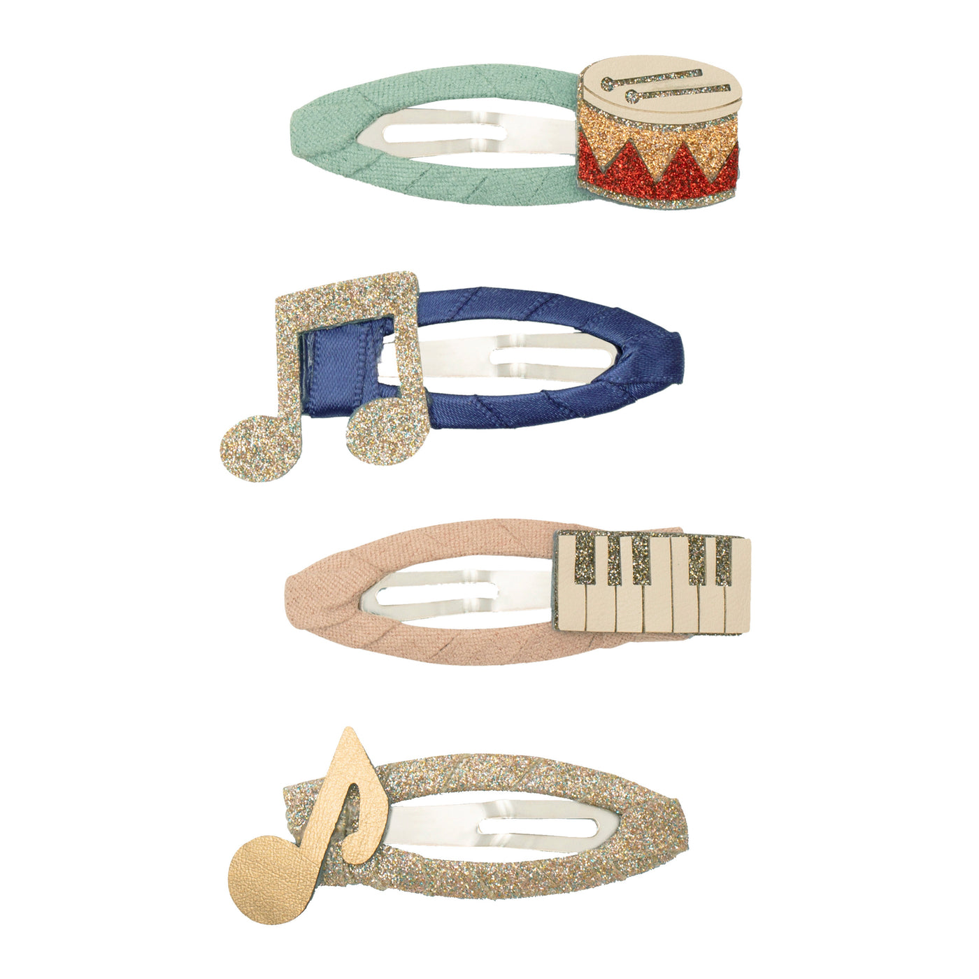 Musical clic clacs- blue clip with glittery red and gold drum- blue clip with glittery music note- pink clip with piano keys- glittery clip with gold music note