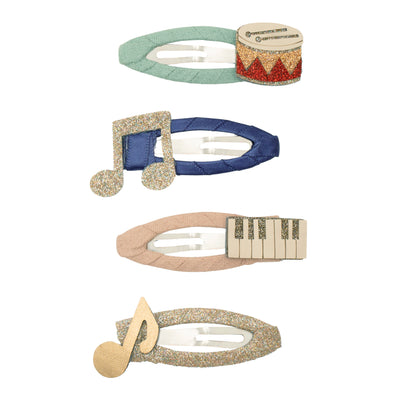 Musical clic clacs- blue clip with glittery red and gold drum- blue clip with glittery music note- pink clip with piano keys- glittery clip with gold music note