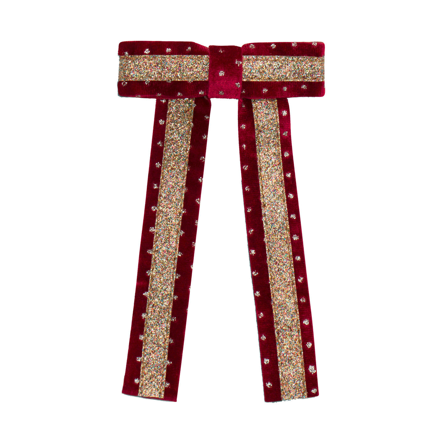 Red velvet bow with embellishments and gold multicoloured glitter centre  