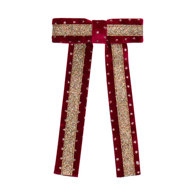 Red velvet bow with embellishments and gold multicoloured glitter centre  