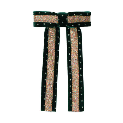 Green velvet bow with embellishments and gold multicoloured centre  