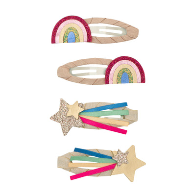 Pink clic clacs with sparkling rainbow- Cream clic clacs with shooting stars and colourful ribbons