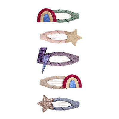 shimmering rainbow mini clic clacs- glittery gold star - shimmering lightning bolt- glittery rainbow clips- leatherette gold star