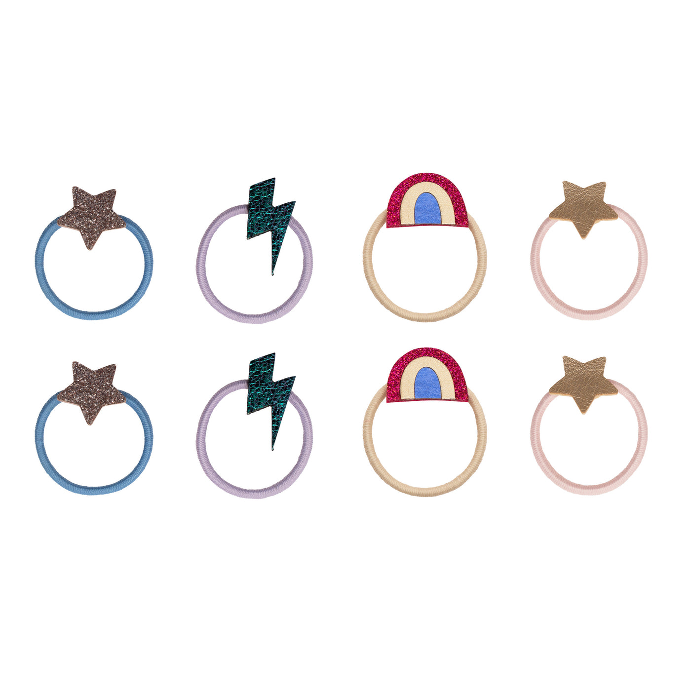 shimmering rainbow mini ponies- glittery gold star- blue lightning bolt- glittery rainbow- leatherette gold star