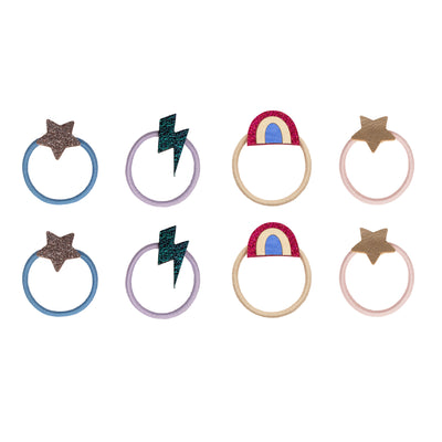 shimmering rainbow mini ponies- glittery gold star- blue lightning bolt- glittery rainbow- leatherette gold star