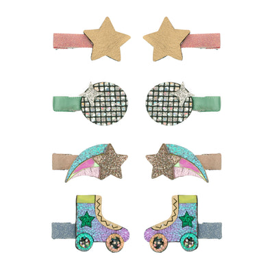 Disco diva mini clips- Pink clip with gold star- turquoise clip with mirrored disco ball- light pink clip with shimmering shooting star- blue clips with shimmering  roller skates