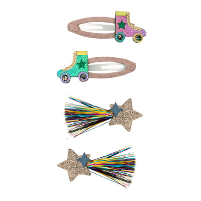 Pu Pink roller skate clic clac- Pu green roller skate clic clac-shooting star clips with gold glittery star and multi-coloured tinsel
