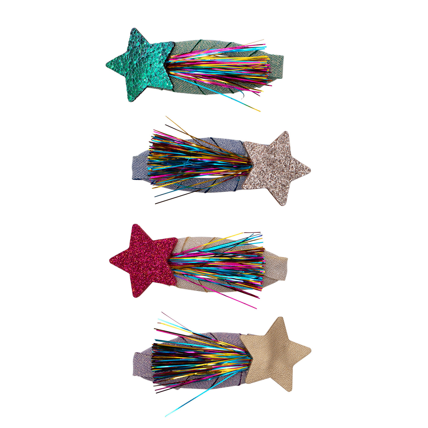 Shooting star tinsel clic clacs- green, gold and red star clic clacs with multi-coloured tinsel tassels