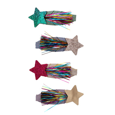 Shooting star tinsel clic clacs- green, gold and red star clic clacs with multi-coloured tinsel tassels