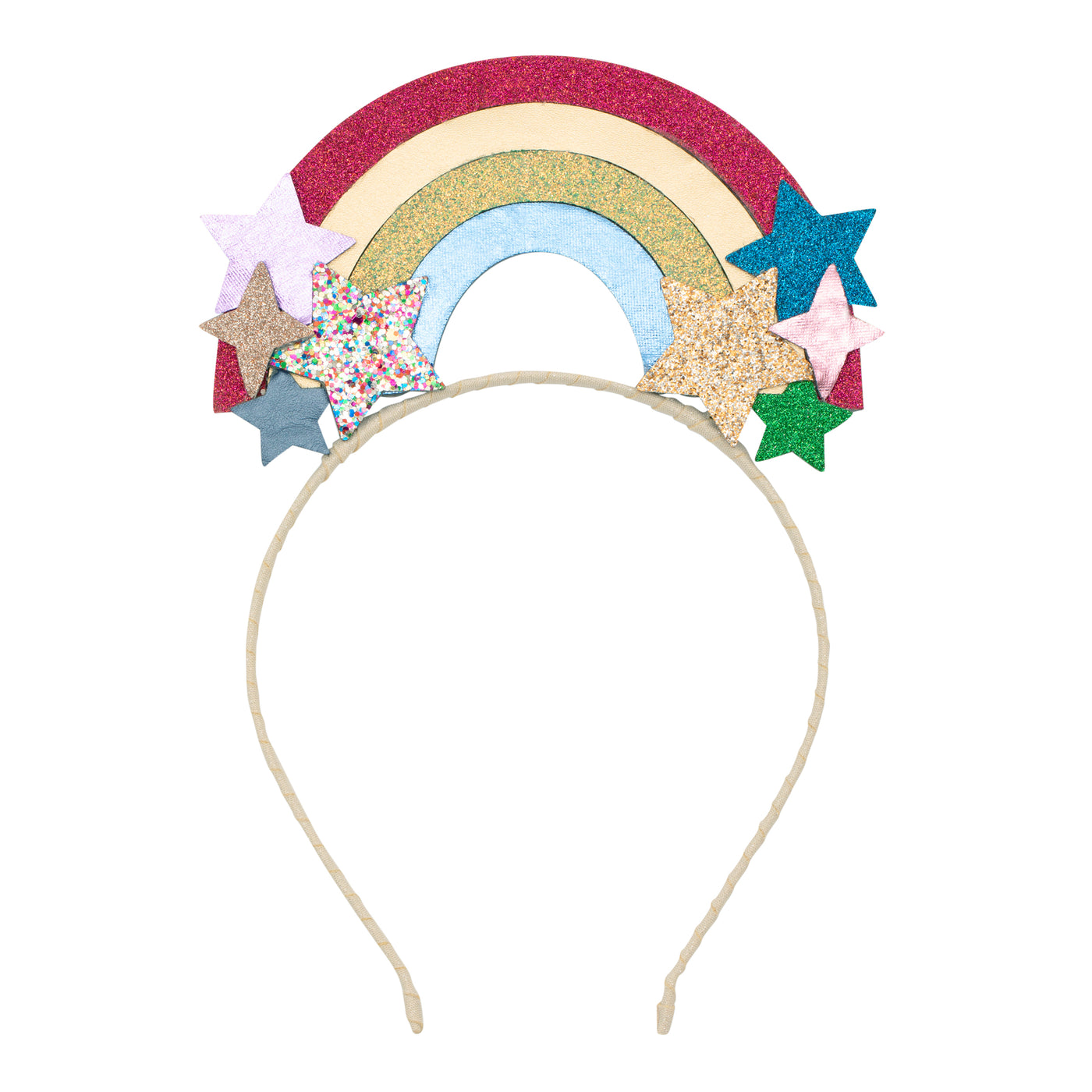 glittery rainbow headdress with leatherette and glitter rainbow- Leatherette and glittery star applique's- sateen ribbon covered alice band