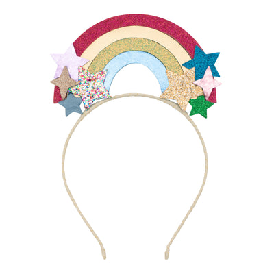 glittery rainbow headdress with leatherette and glitter rainbow- Leatherette and glittery star applique's- sateen ribbon covered alice band