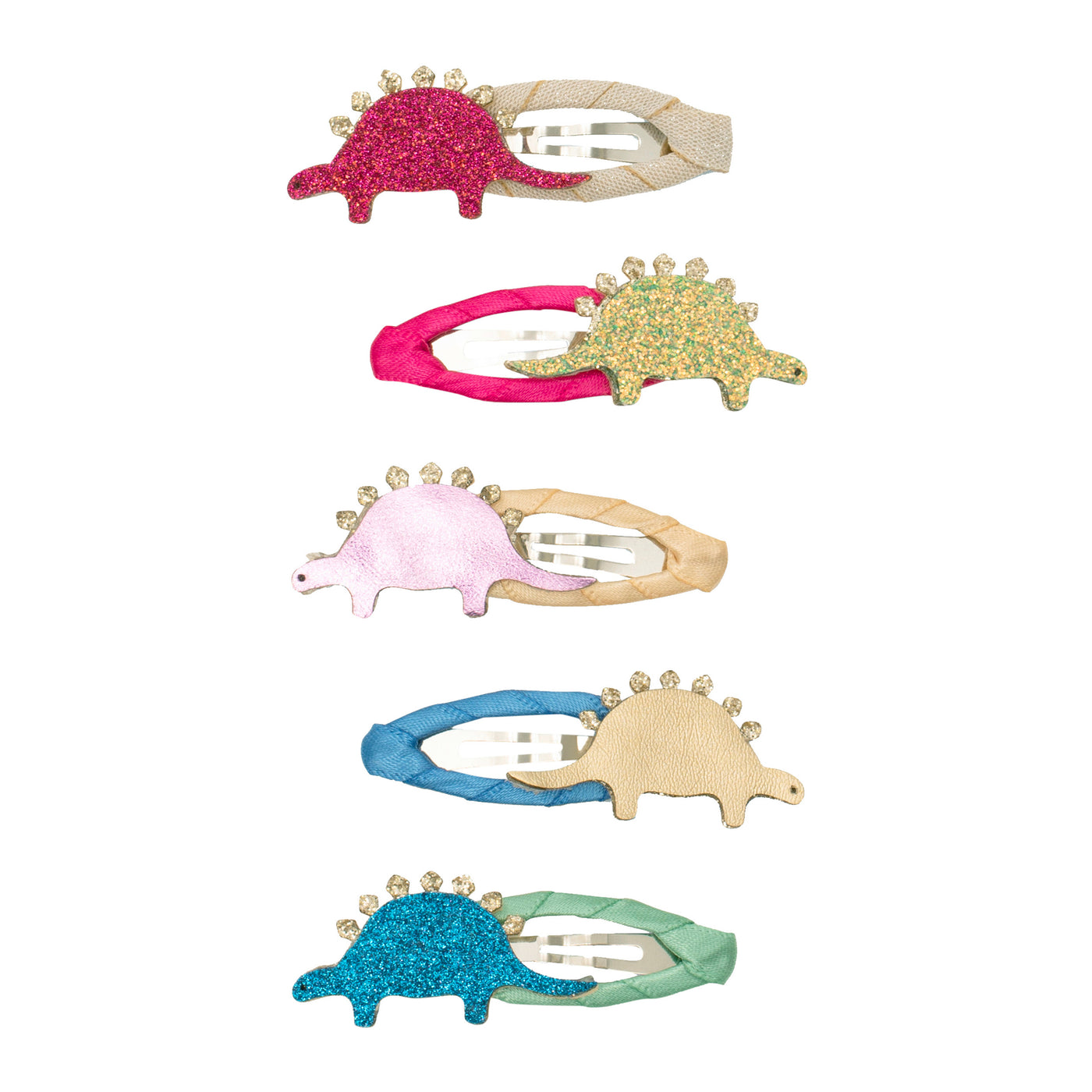 Bright stegosaurus mini clic clacs- in gold, green, pink and blue 