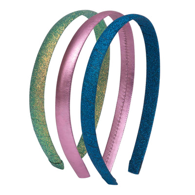 Set of three iridescent alice bands- green glittery alice- blue glittery alice and a PU pink alice