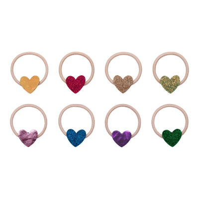 Jazzy heart mini ponies in glittery and leatherette materials- gold, red, green, pink, blue and purple hearts