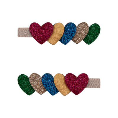 Glittery jazzy heart clips- red, gold, blue and green hearts