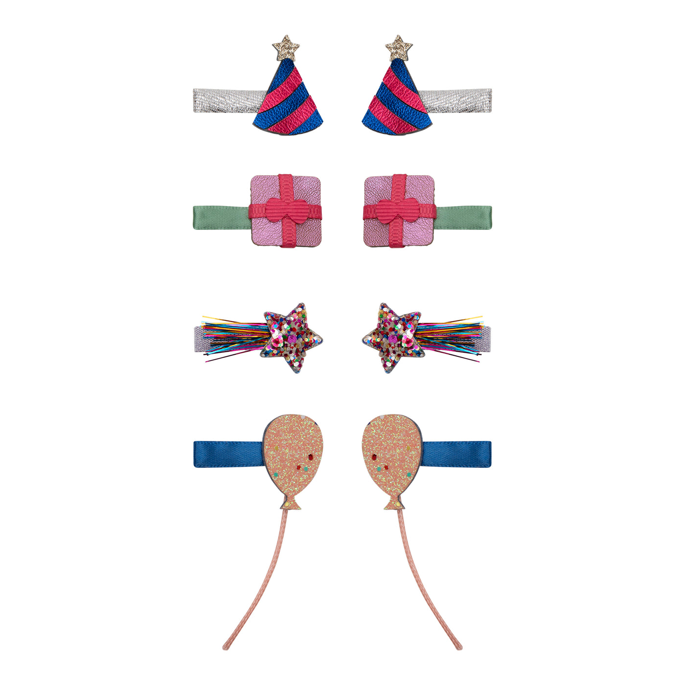 Birthday party mini clips featuring Silver clips with red and blue party hats with a gold star-green clips with pink birthday presents and ribbon- multi shooting star clips- blue clips with glittery pink balloons 