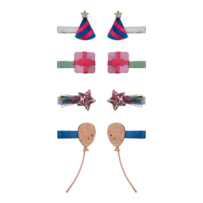 Birthday party mini clips featuring Silver clips with red and blue party hats with a gold star-green clips with pink birthday presents and ribbon- multi shooting star clips- blue clips with glittery pink balloons 