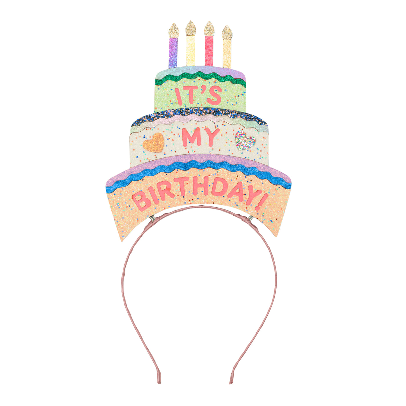 Birthday head dress- 3 teared glittery birthday cake with leatherette candles- glittery hearts- sateen pink ribbon covered alice band- Pink leatherette its my birthday lettering
