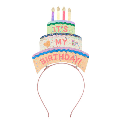 Birthday head dress- 3 teared glittery birthday cake with leatherette candles- glittery hearts- sateen pink ribbon covered alice band- Pink leatherette its my birthday lettering
