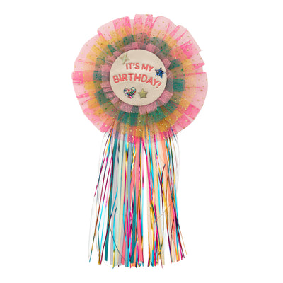 Rainbow birthday badge- leatherette middle with stitched writing- heart and star applique's- bright coloured tulle fabric- Ribbon and shiny tinsel tassels