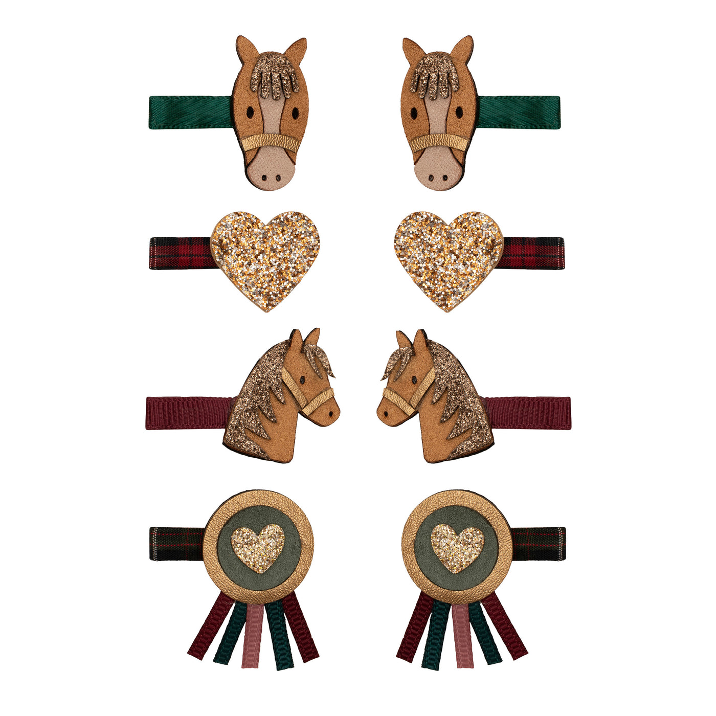 Pony pals mini clips-green clip with brown pony and glittery mane- tartan heart clip with glittery star- pony clip in Burgundy with brown pony and sparkly mane- Green tartan clip with gold rosette