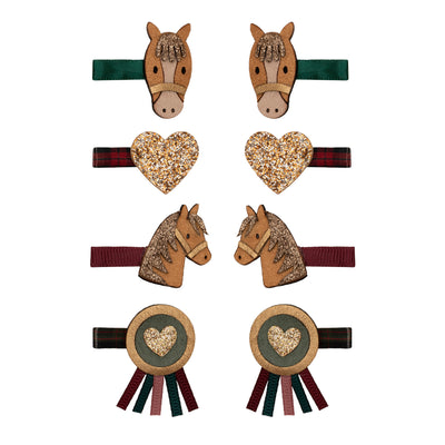 Pony pals mini clips-green clip with brown pony and glittery mane- tartan heart clip with glittery star- pony clip in Burgundy with brown pony and sparkly mane- Green tartan clip with gold rosette