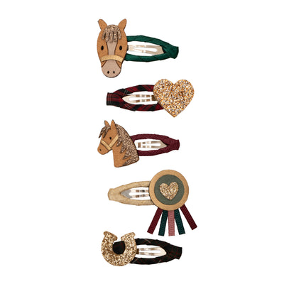 Pony pals mini clic clacs-green clip with brown pony and glittery mane- tartan heart clip with glittery star- pony clip in Burgundy with brown pony and sparkly mane- gold rosette clip- tartan lucky horse shoe clip in glittery gold