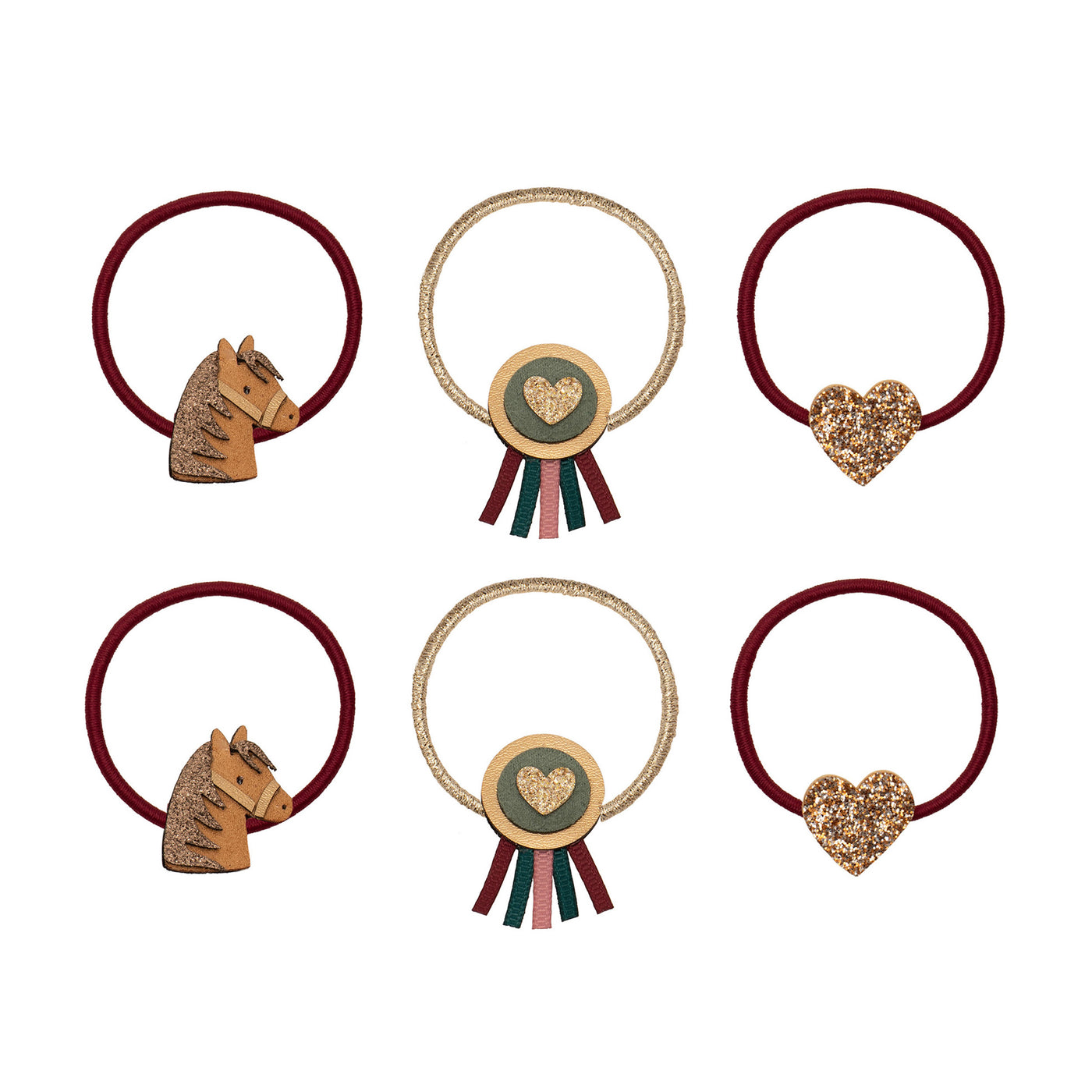 Pony ponies- brown pony head with sparkly mane- winning rosette in gold with ribbon detail- gold glittery heart