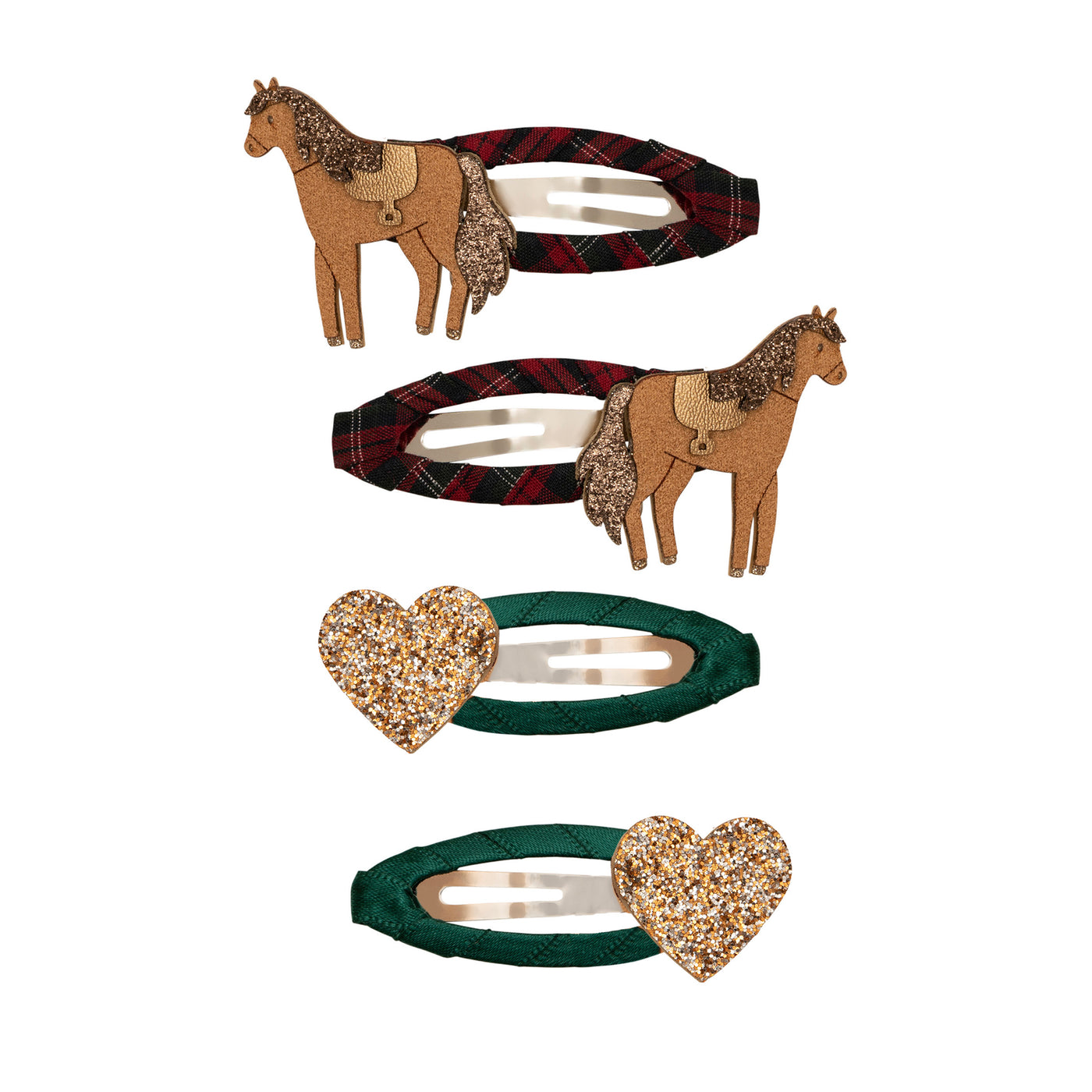 Tartan horsey clic clacs with brown horse, gold saddle and glittery brown mane and tail- Sateen green clips with gold shimmering hearts