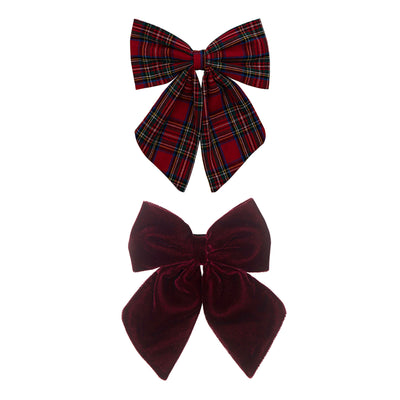 Set of two bows- Soft deep red velvet bow- Red tartan bow 