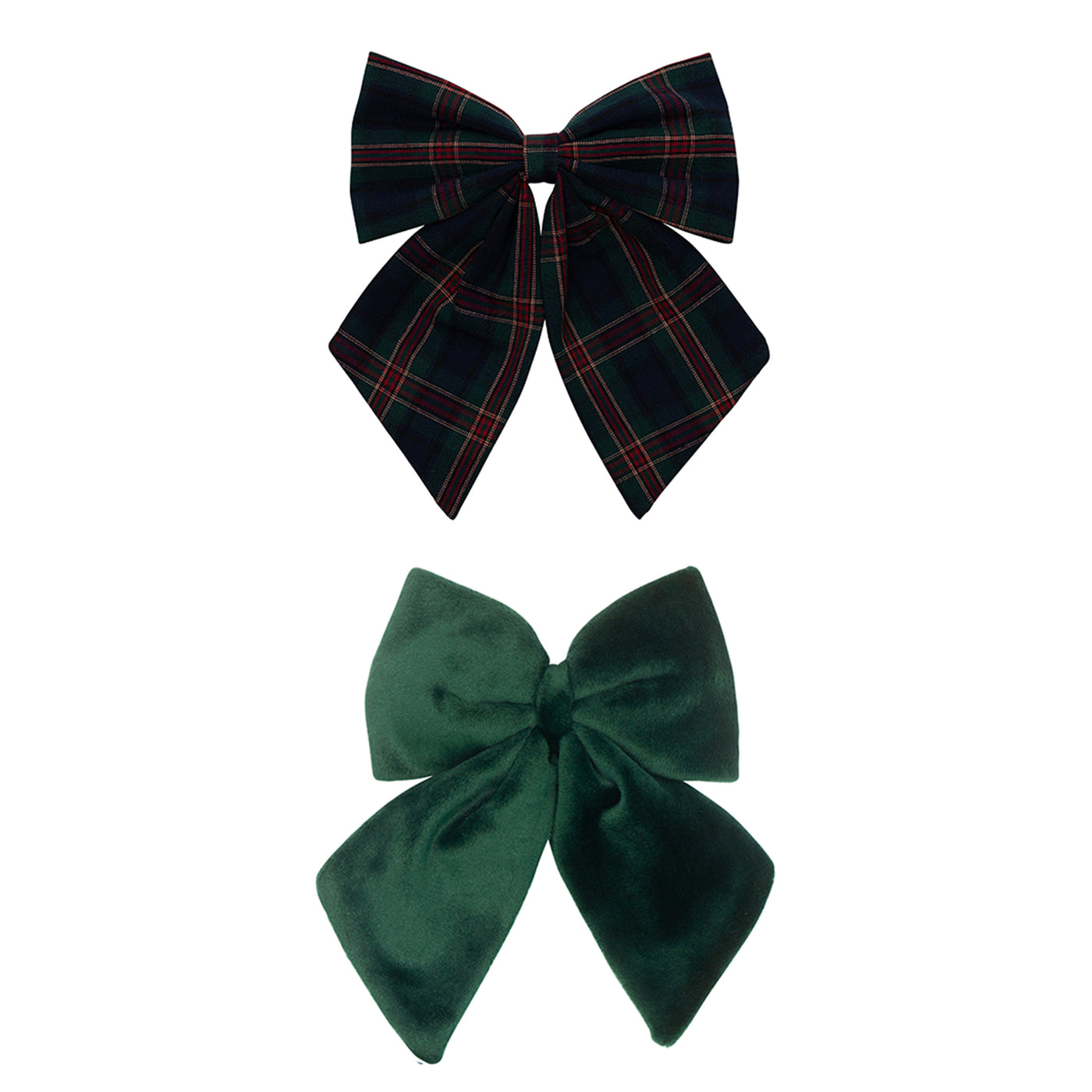 Set of two bows- Soft green velvet bow- Dark green tartan bow 