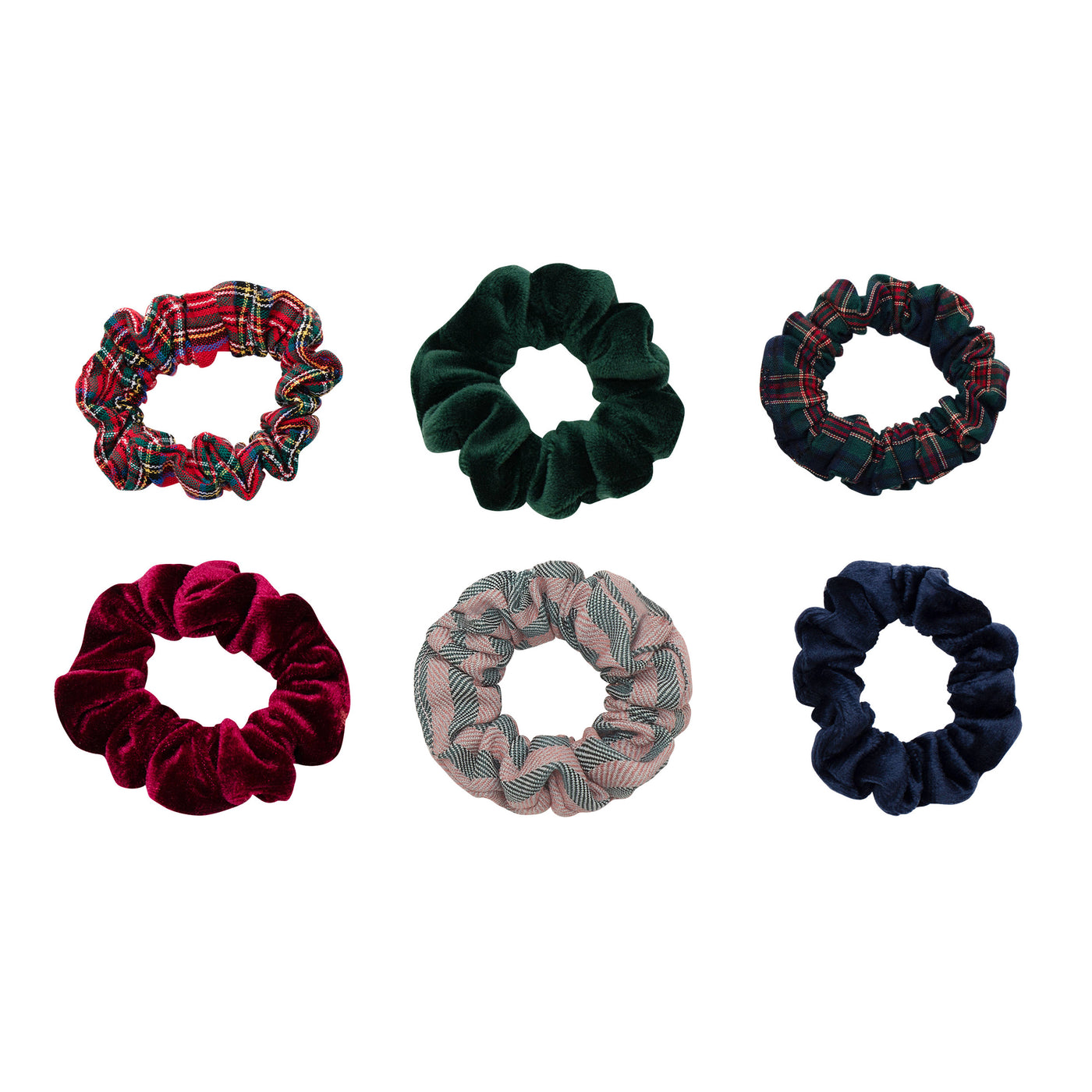 Mixed scrunchie pack featuring red, blue and green velvet scrunchies, green and red tartan scrunchies and a tweed style scrunchie
