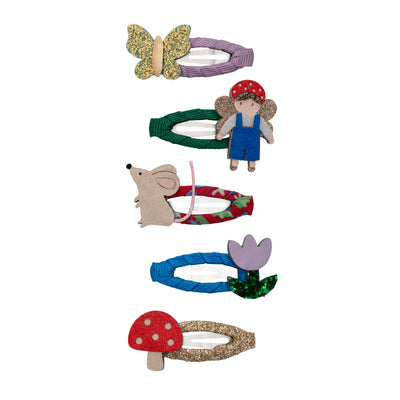 woodland fairy mini clic clacs- glittery gold butterfly with purple clip- toadstool fairy clip in deep green- floral mouse clip- purple tulip clip in blue and a glittery gold clip with a red fabric toadstool