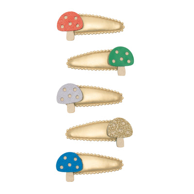 Toadstool mini clips featuring gold leatherette clips with red, green, purple, glittery gold and blue fabric toadstools