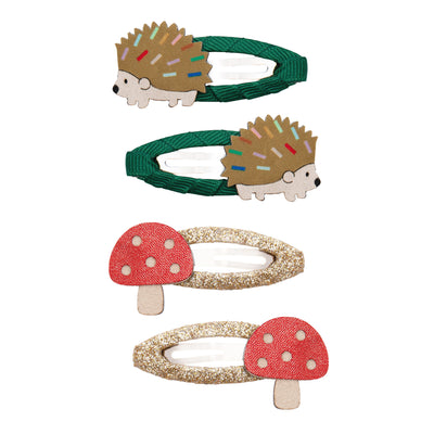 Colourful fun harry hedgehog clic clacs- green hedgehog clip featuring hedgehog with colourful spikes- glittery gold clips with red and beige toadstools