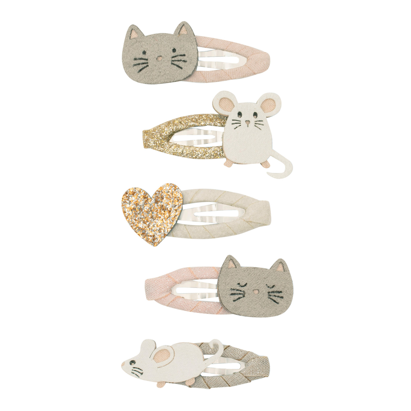Cat and mouse mini clic clacs featuring- little white mice standing and running - grey kitty cat and a sparkling gold heart 