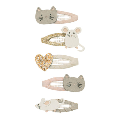 Cat and mouse mini clic clacs featuring- little white mice standing and running - grey kitty cat and a sparkling gold heart 