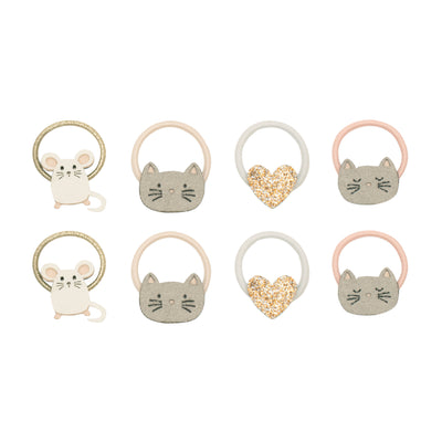 Sweet cat and mouse mini ponies featuring- four grey cat ponies - glittery gold heart ponies and little white mice ponies