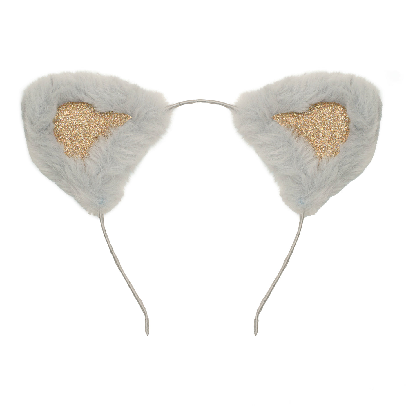 Soft grey furry cat ears with gold glitter detail, sateen covered alice band- perfect for dress up