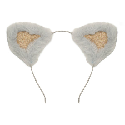 Soft grey furry cat ears with gold glitter detail, sateen covered alice band- perfect for dress up